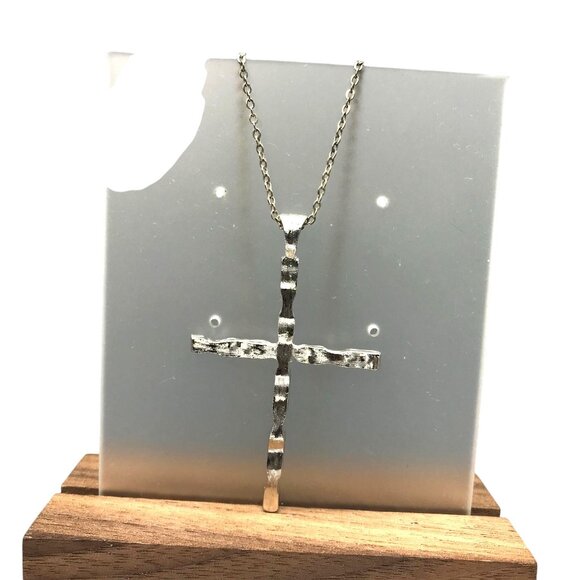 Reversible Silver Cross Pendant on Silver Tone Chain Necklace, One Side Polished - Picture 3 of 5